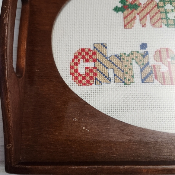 Vintage Needlepoint Glass Brown Wooden Decorative Lap Tray 12.5"  - Picture 5 of 6